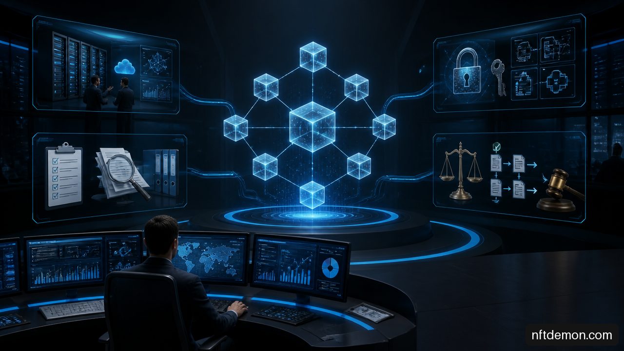 Enterprise blockchain operating model connecting technology ownership, compliance, support, and key governance.