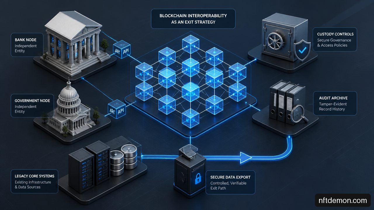 Diagram concept showing blockchain integration, independent control, and data portability for regulated institutions.