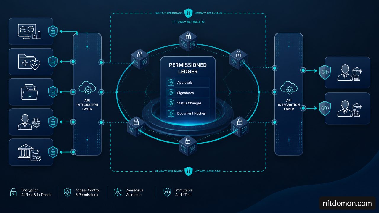 Hybrid blockchain control plane connecting a permissioned ledger with off chain enterprise systems of record.