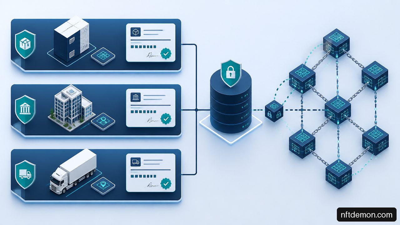 Diagram showing product, participant, and transaction identity layers linked to off ledger data and a blockchain audit record