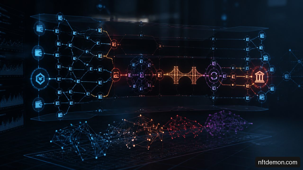 Graph visualization showing cryptocurrency funds moving through mixer, bridge, swap, and exchange obfuscation layers.