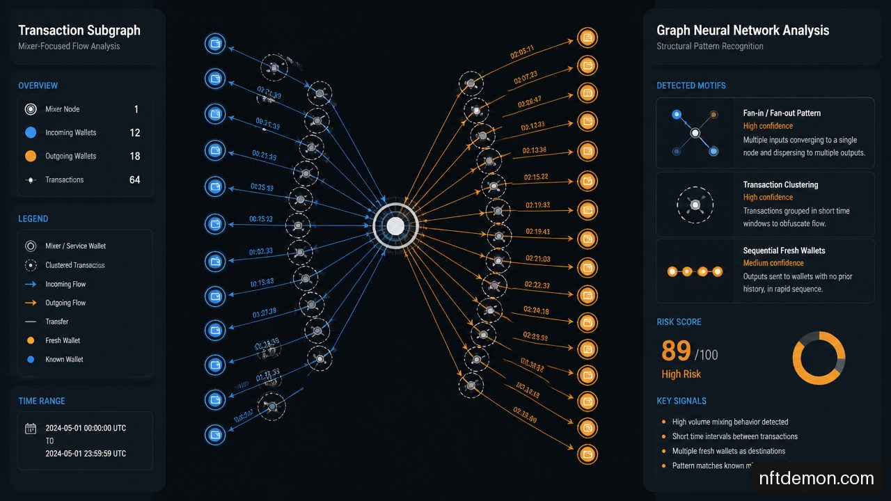 Transaction subgraph illustrating mixer adjacent cryptocurrency flows and suspicious fan in and fan out patterns.