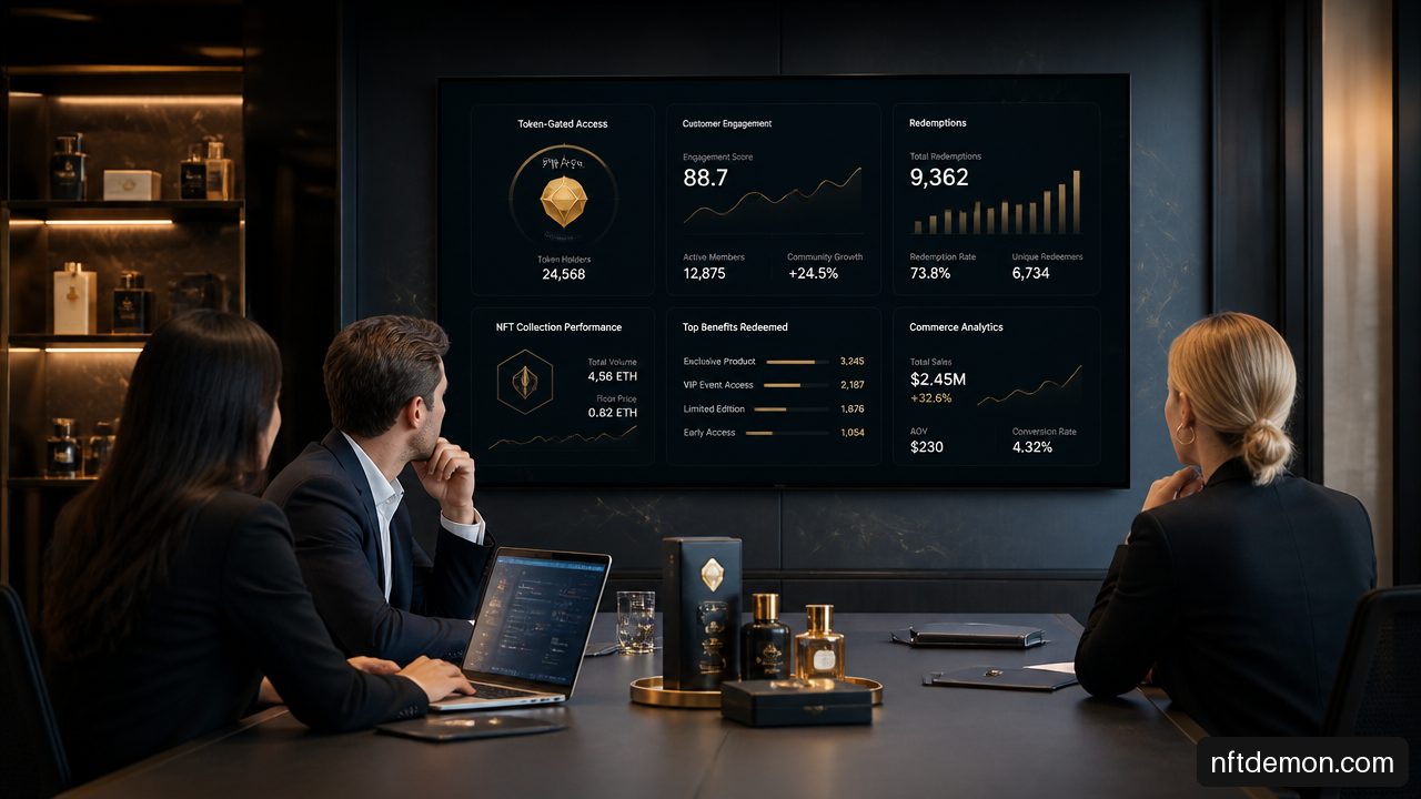 Consumer brand executives reviewing NFT loyalty, engagement, and commerce performance metrics.