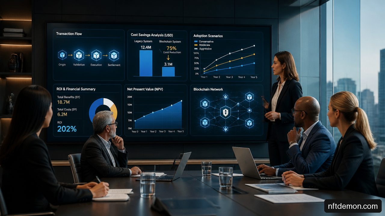 Executives reviewing a blockchain ROI model with financial and adoption metrics