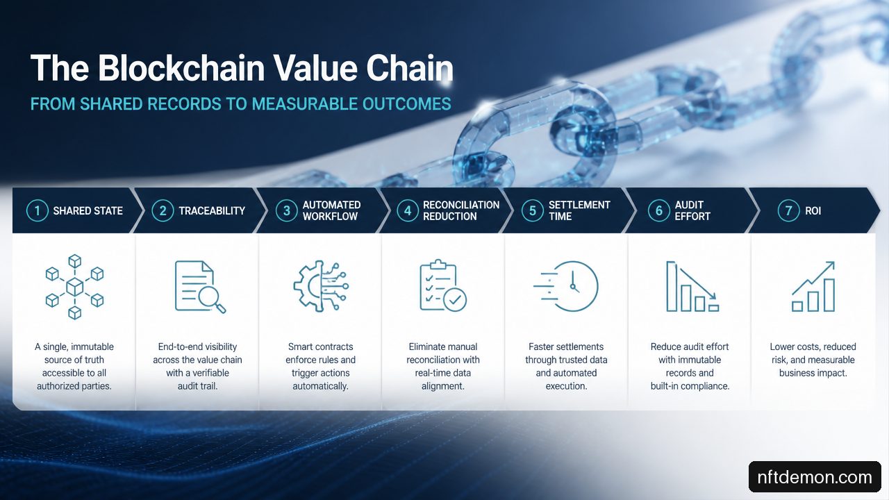 Diagram showing how blockchain capabilities connect to operational KPIs and business outcomes