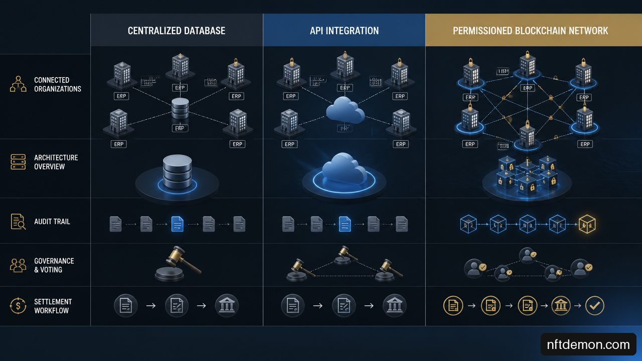Visual comparison of centralized systems, API integrations, and a permissioned blockchain network for enterprise operations.