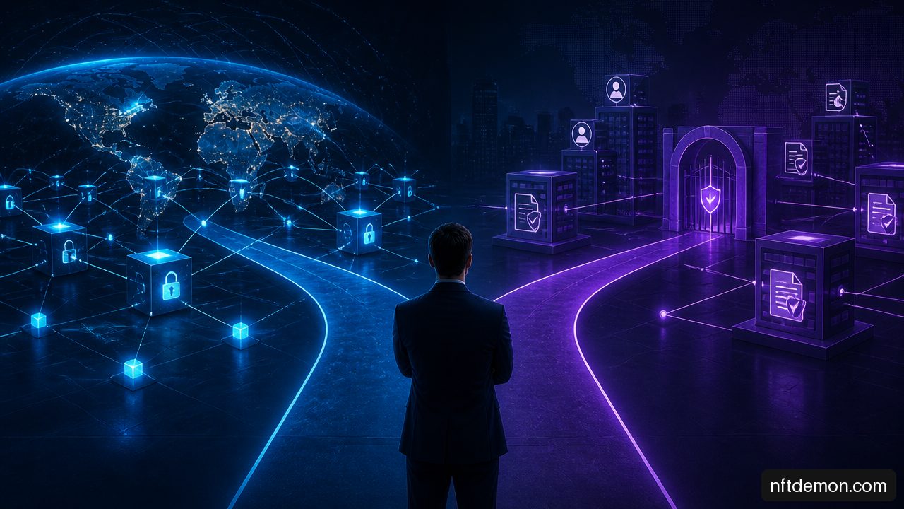 Enterprise decision makers comparing an open public blockchain network with a controlled permissioned blockchain consortium.