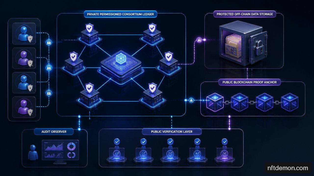 Hybrid enterprise blockchain architecture connecting a permissioned ledger, protected data storage, and a public proof anchor.