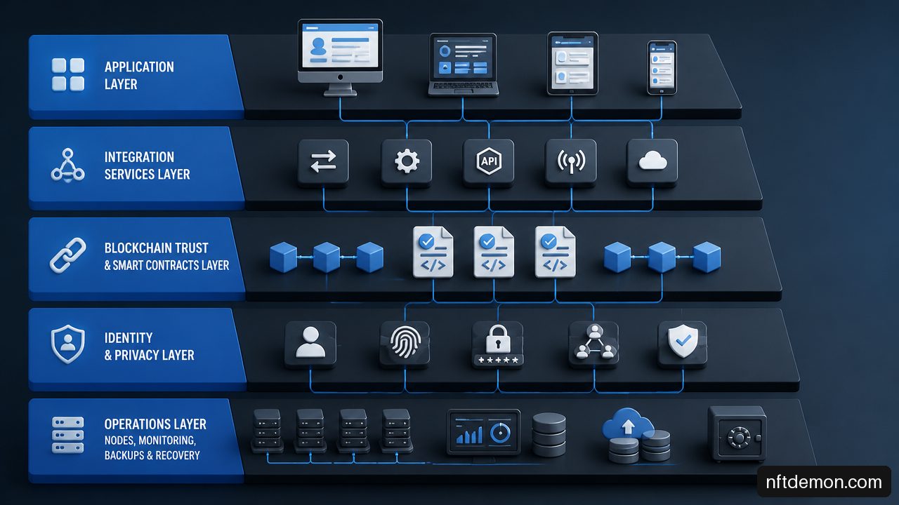 Layered production blockchain architecture showing applications, integrations, trust, identity, and operations.