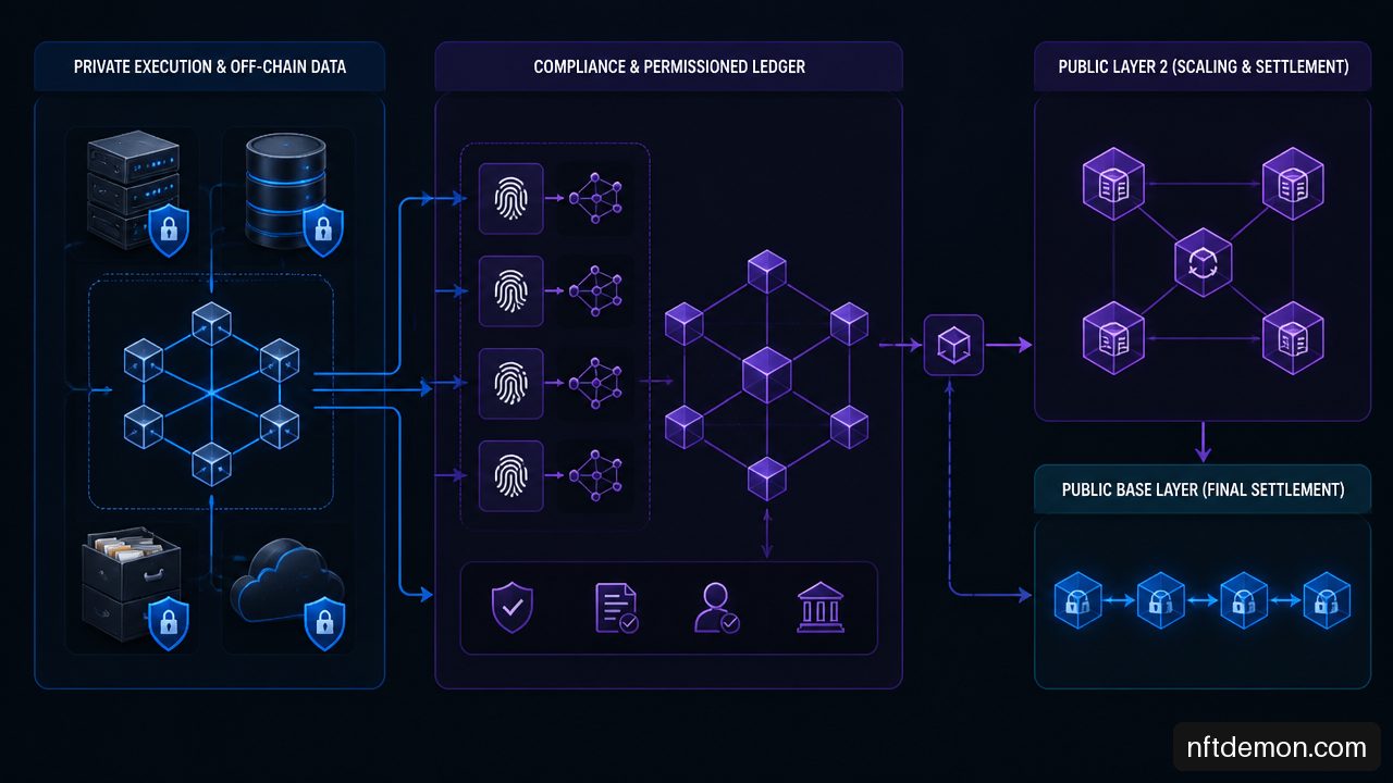 Diagram showing private enterprise execution, off chain confidential data, and public Layer 2 settlement.