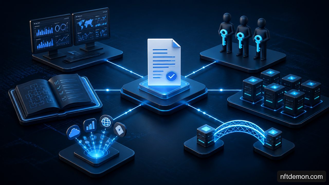 Blockchain maintenance handoff showing monitoring, multisignature controls, oracle and bridge dependencies, and incident runbooks.