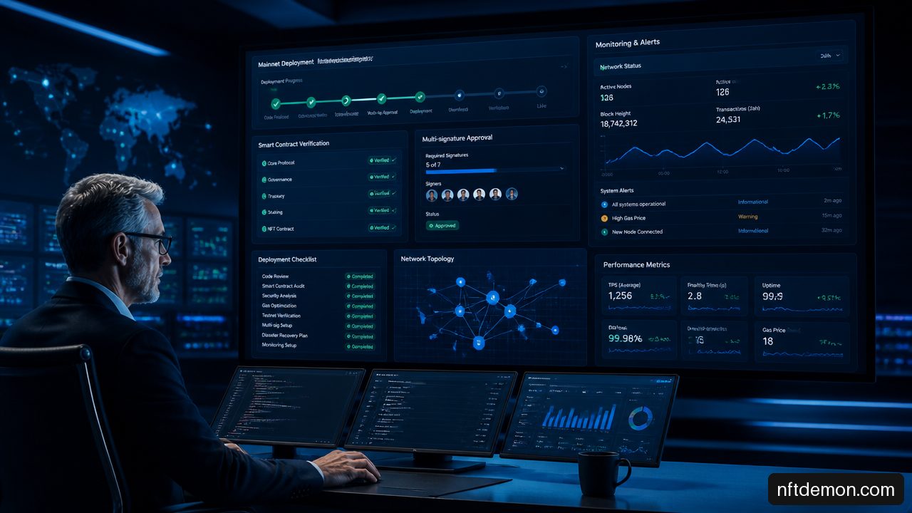 Executive reviewing a blockchain mainnet deployment dashboard with security approvals and monitoring.