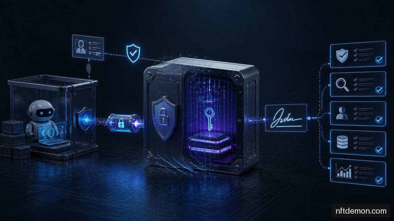 Illustration of attestation-bound enclave signing that keeps private key material isolated from an AI agent runtime.