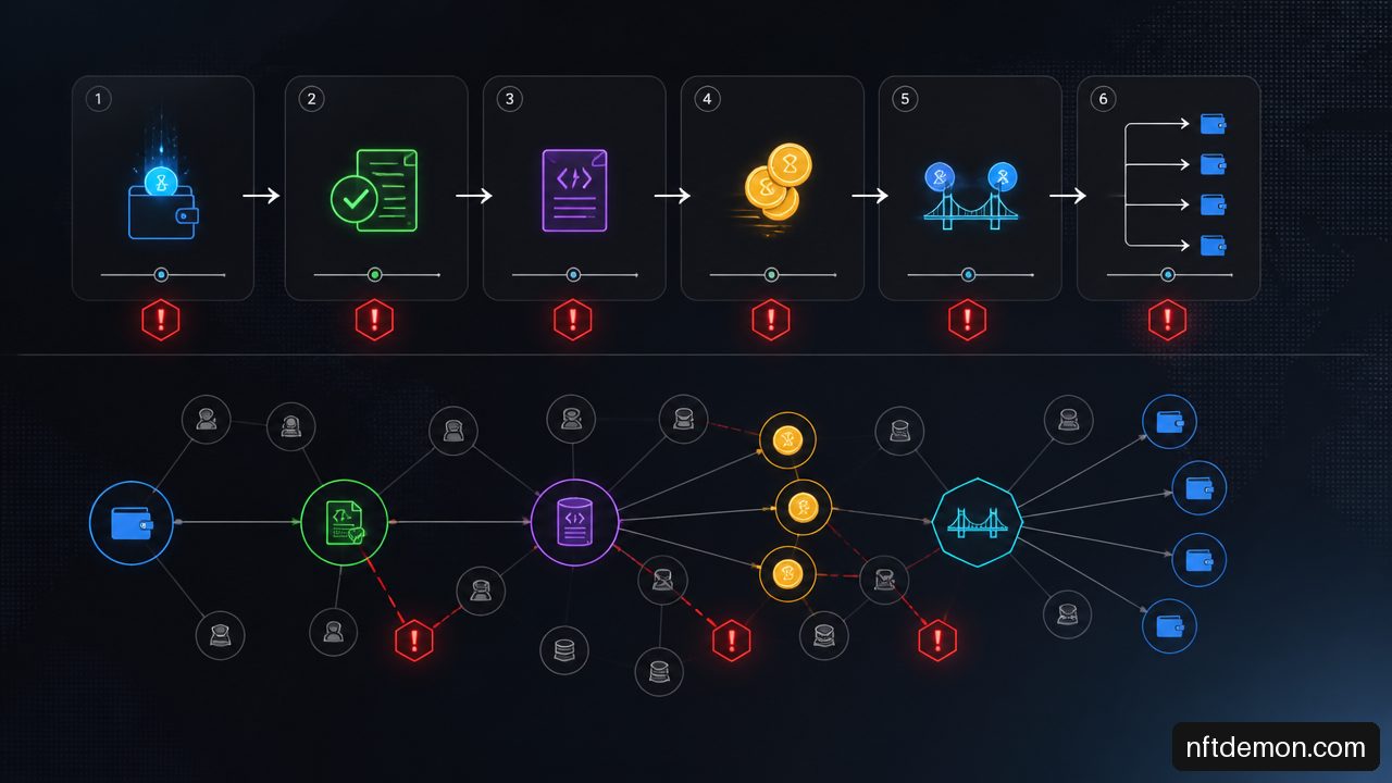 Diagram showing a suspicious Web3 transaction sequence from wallet funding through approval, asset transfer, bridge hop, and fragmented transfers.