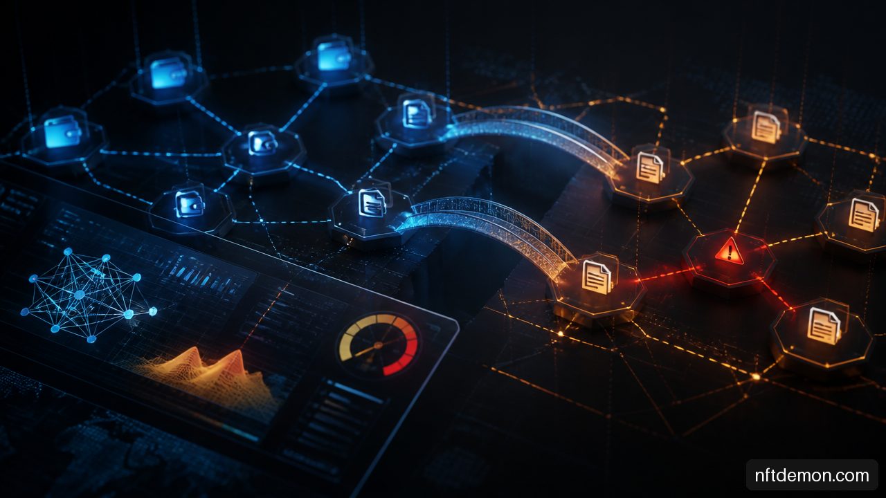 Machine learning system analyzing suspicious wallet, smart contract, and bridge transaction connections across Web3 networks.