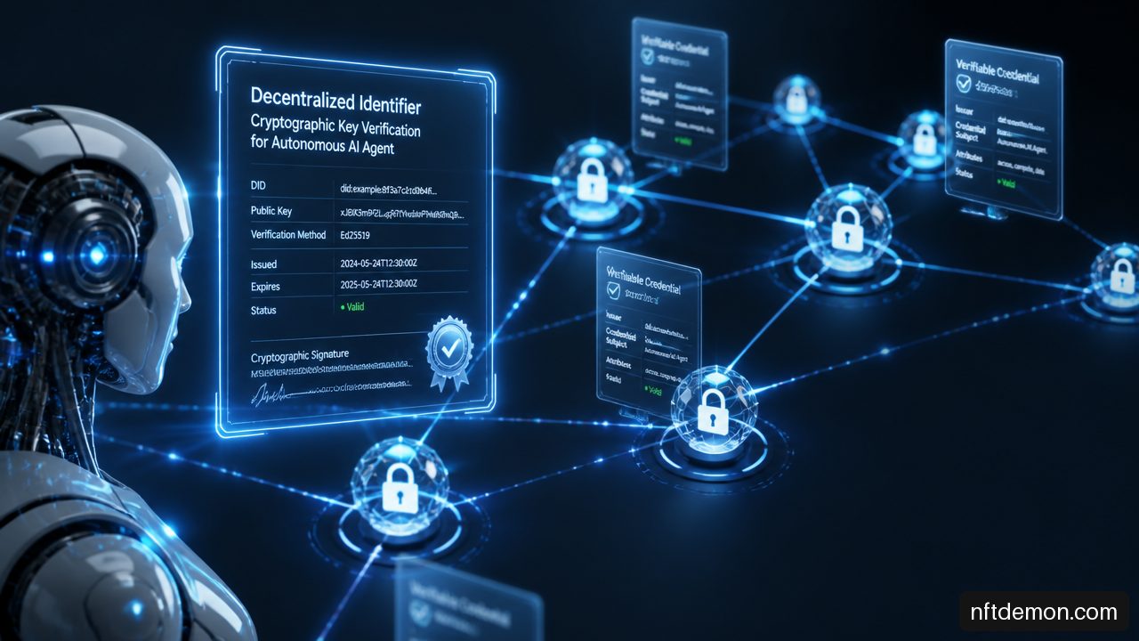 Cryptographic nodes and digital certificate tokens illustrating verifiable credentials and decentralized identifiers for AI agent authentication.
