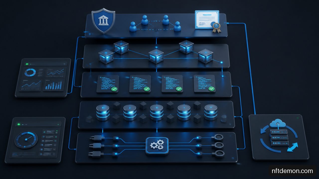 Technical infographic of enterprise blockchain layers for governance, security, integration, monitoring, and recovery.