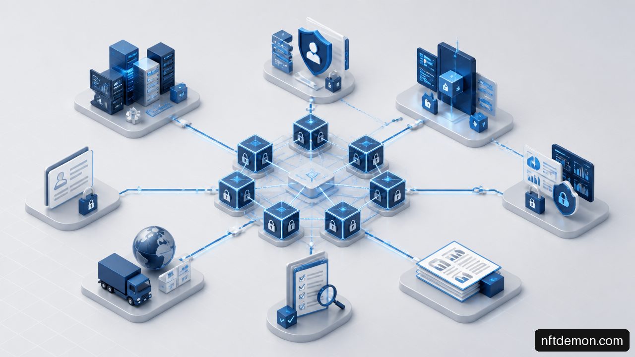 Illustration of a permissioned blockchain integrated with ERP, identity, APIs, security monitoring, and audit systems.