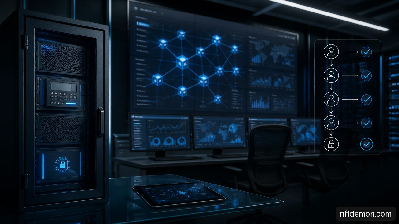 Enterprise blockchain operations control room showing node monitoring, secure key custody, and approval workflows.