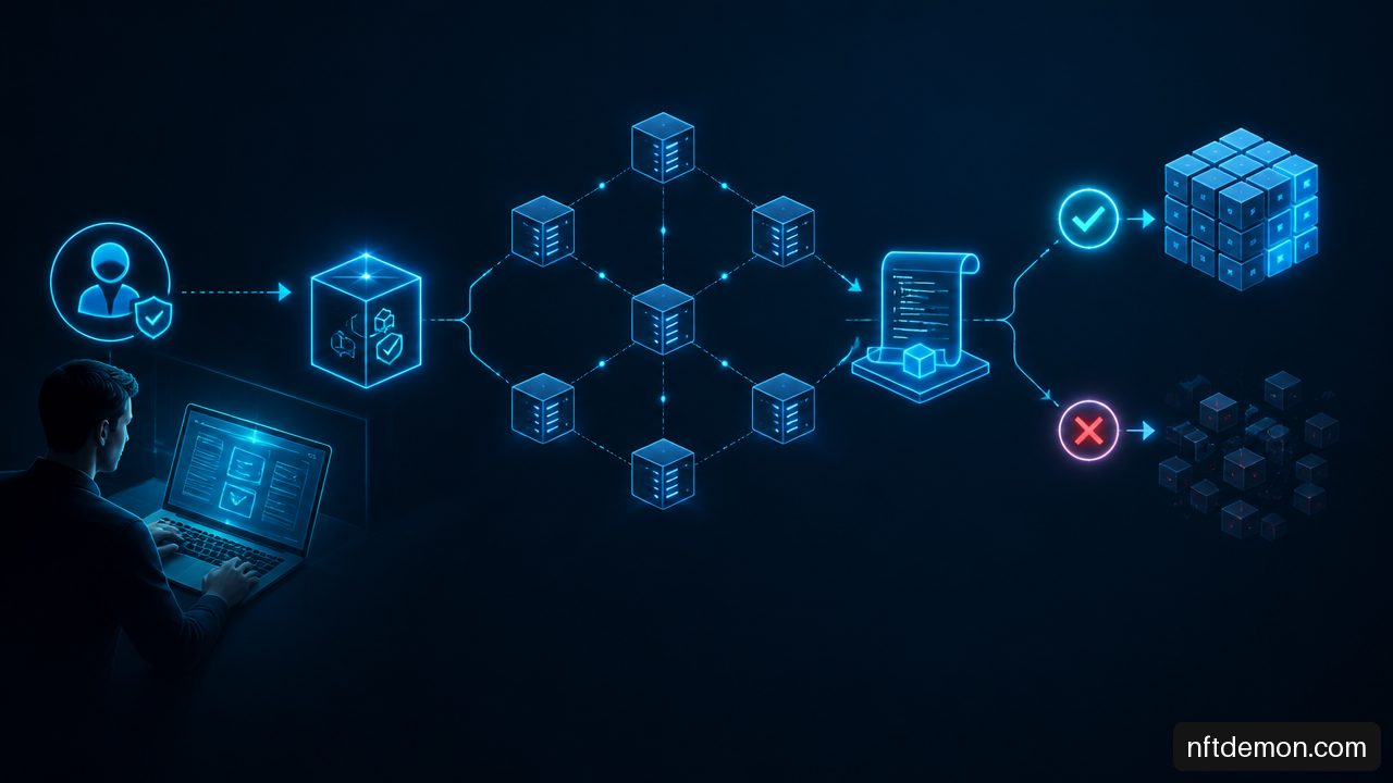 Diagram showing authorized blockchain transaction validation, smart contract execution, and rejected invalid transaction